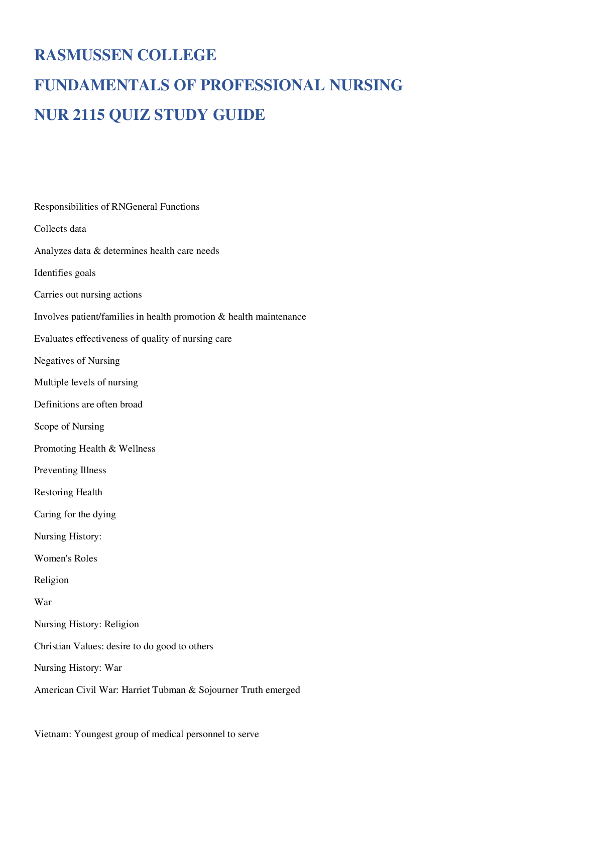 Preview image for RASMUSSEN COLLEGE FUNDAMENTALS OF PROFESSIONAL NURSING  NUR 2115 QUIZ STUDY GUIDE